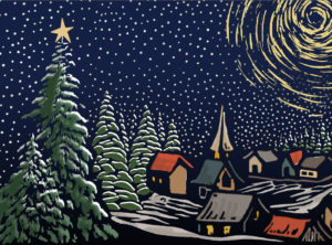 Painting of a snowy village surrounded by tall pine tries with lots of stars in the sky